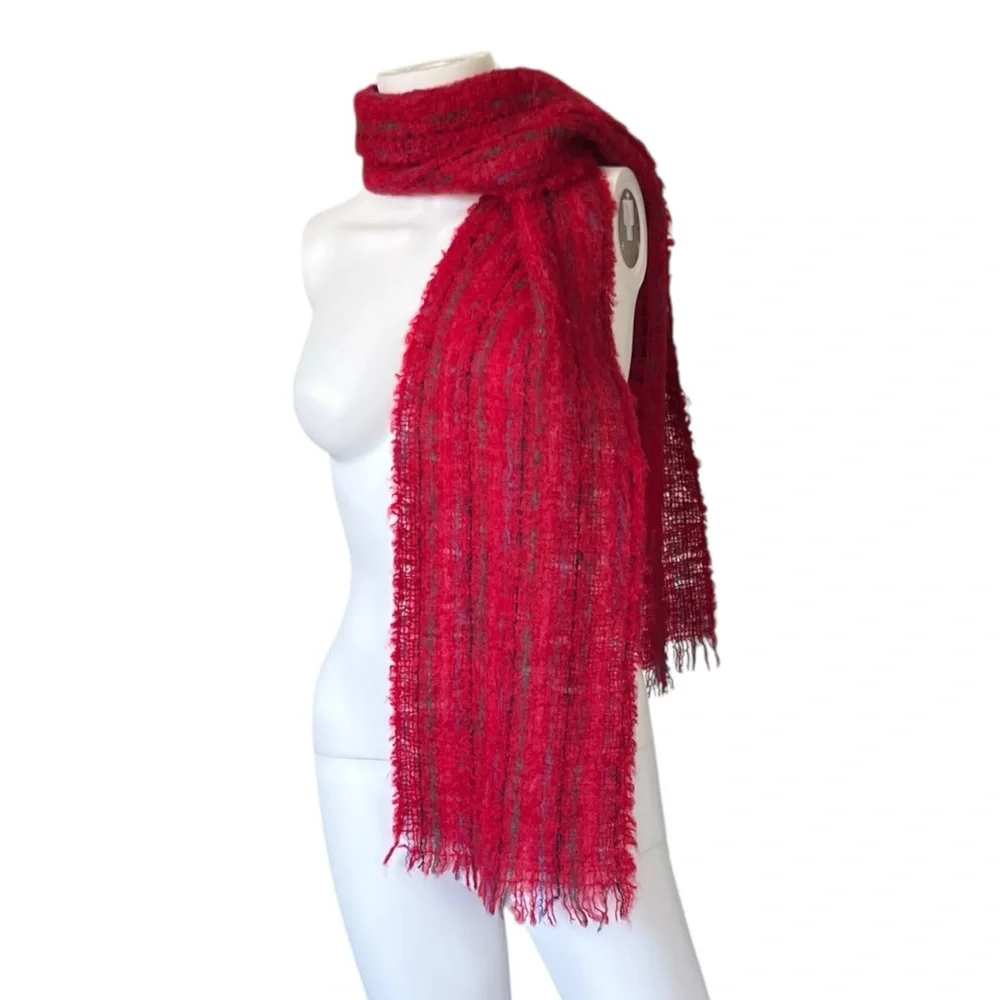 Colorful Red and Blue Woven Scarf Raw Hem Mohair